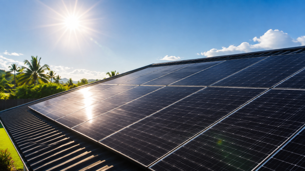 Sun shining on rooftop solar