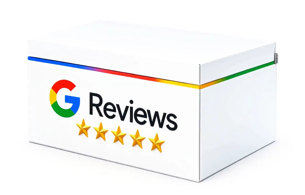 A white Google reviews box